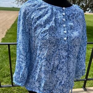 Women’s size M blouse, blue print, long sleeve, drawstring waist, henley style